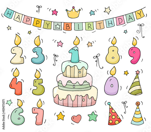 Cute colorful number shaped candles set. Cartoon birthday cake and lighting candles in the form of numbers. Doodle collection for party, kids design. All objects are grouped and isolated on white.