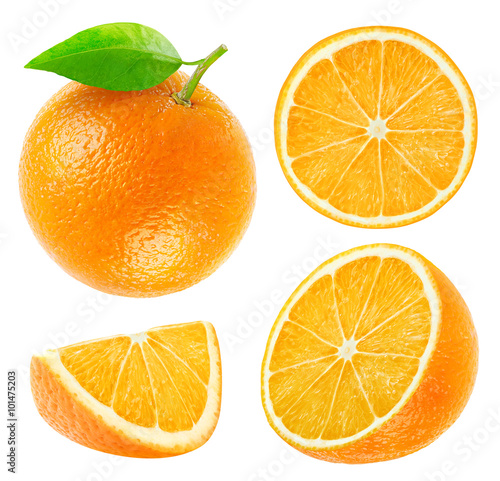 Collection of isolated whole and cut oranges