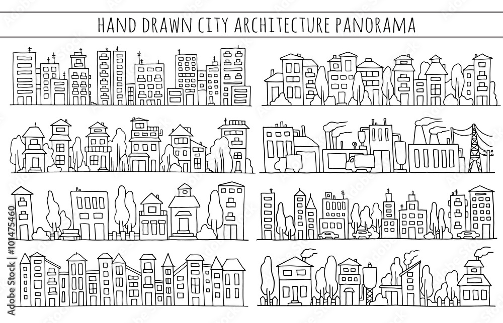 Sketch big city architecture with houses, factory, trees, cars. Panorama set of streets in a row. Hand-drawn vector illustration isolated on white and organized in groups for easy editing.