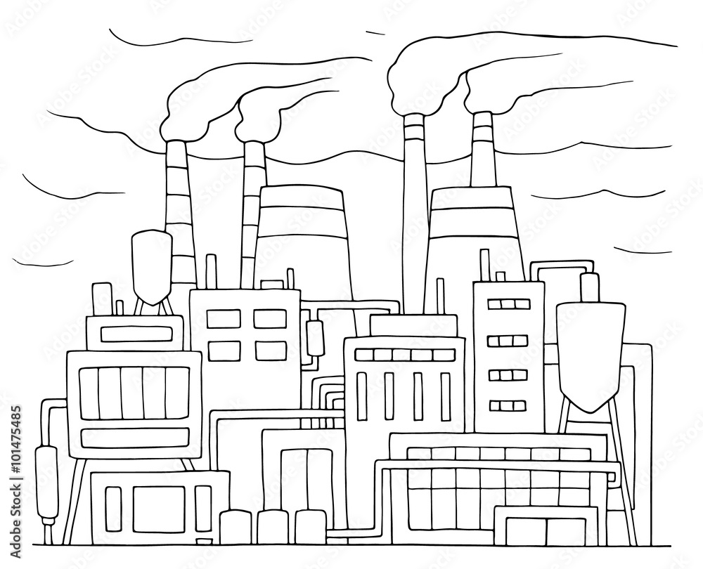 Industrial cartoon sketch of nuclear power station. Doodle factory ...