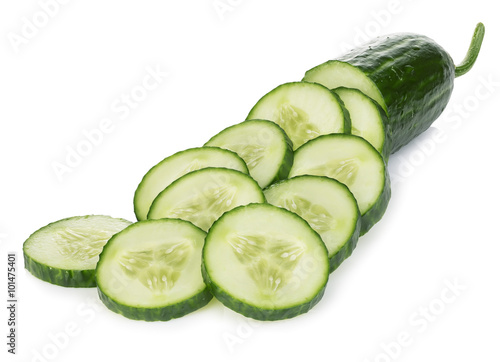 Fresh slice cucumber close-up on a white background.