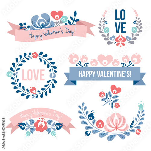 Valentine’s day floral elements set, vector illustration