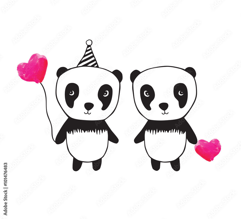 Two little cute pandas with pink watercolor hearts. Greeting card for Valentine's Day, Mother's Day, Father's Day, birthday, wedding. Two little cute pandas with pink watercolor hearts. Greeting card for Valentine's Day, Mother's Day, Father's Day, birthday, wedding.