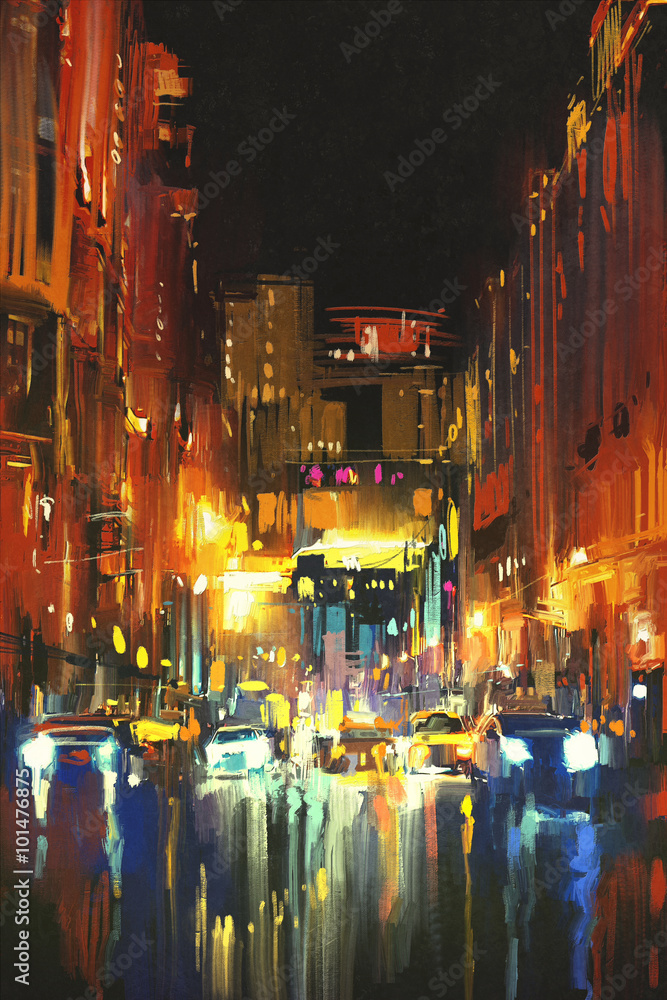 night city in the rain with reflections on wet street,digital painting night city in the rain with reflections on wet street,digital painting