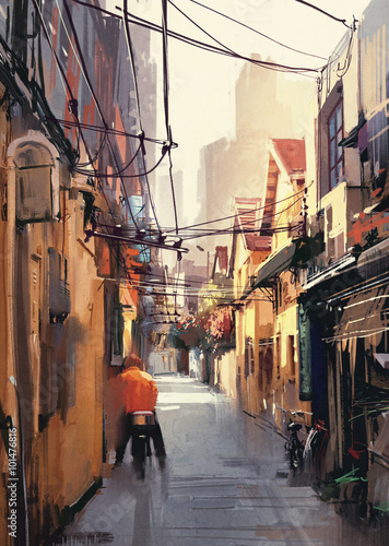 painting of  narrow alleyway in old town