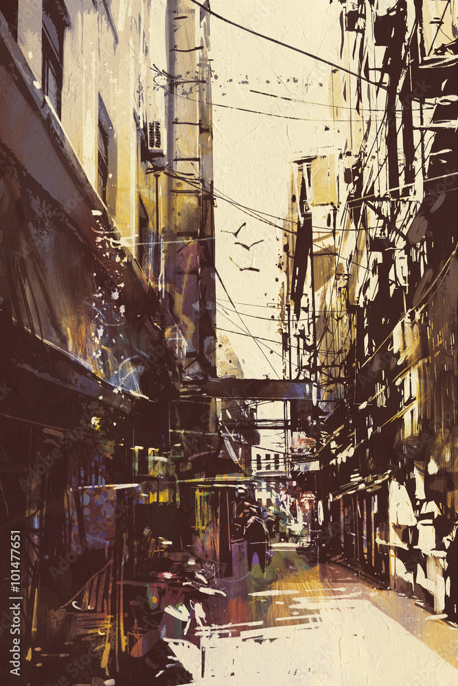 painting of narrow alleyway in old town