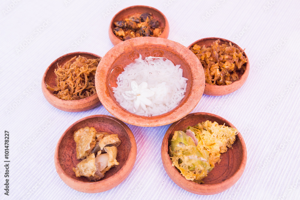 rice in ice water with side dishes such deep fried pork, onion, rice in ice water with side dishes such deep fried pork, onion,