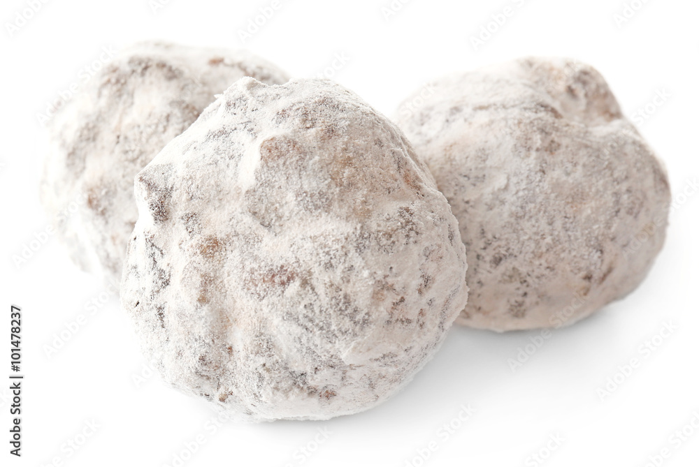 Chocolate salami candies with powder, isolated on white Chocolate salami candies with powder, isolated on white