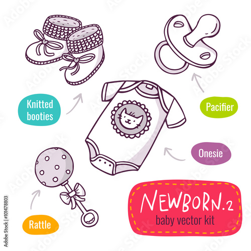 Vector line art icon set with baby products for newborns isolated on white