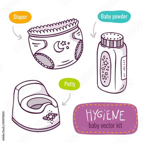 Vector line art icon set with baby products for hygiene isolated on white