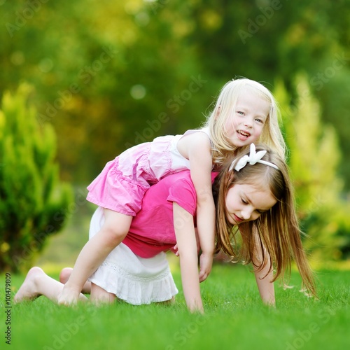 Two cute little sisters having fun together on the grass