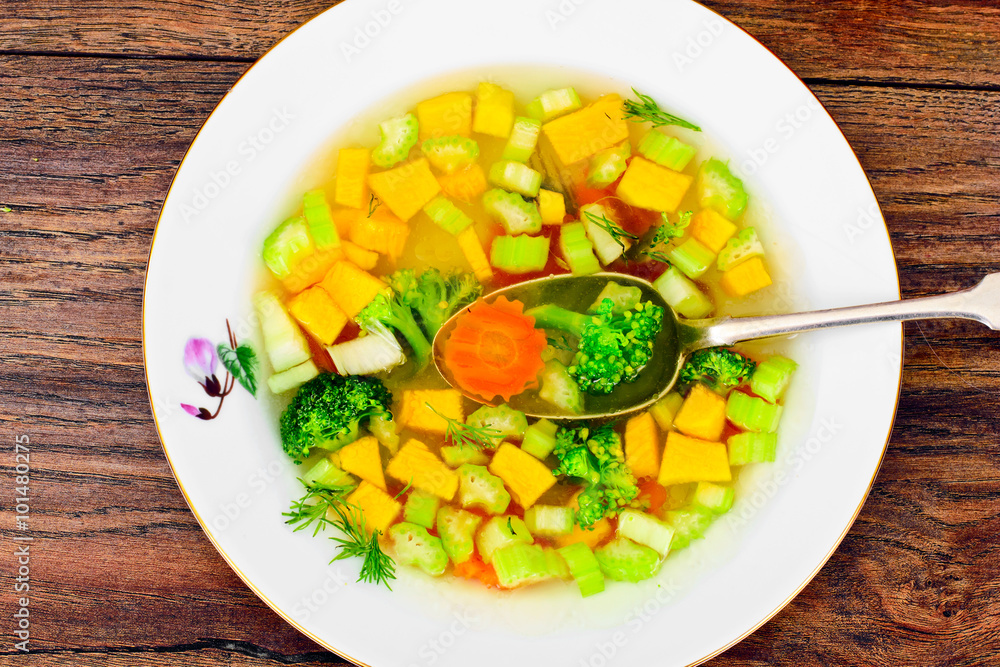 Chicken Soup with Broccoli, Carrots and Celery, Pumpkin and Nood Chicken Soup with Broccoli, Carrots and Celery, Pumpkin and Nood