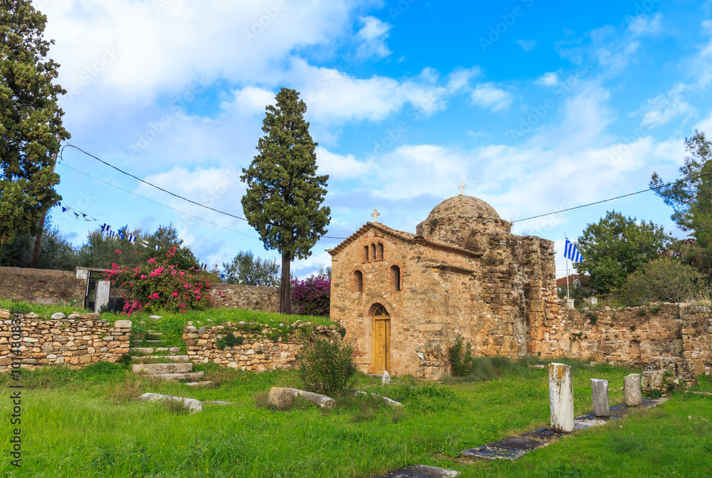 byzantine church on ancient temple ruins near Koroni, Peloponnese, Greece, Europe