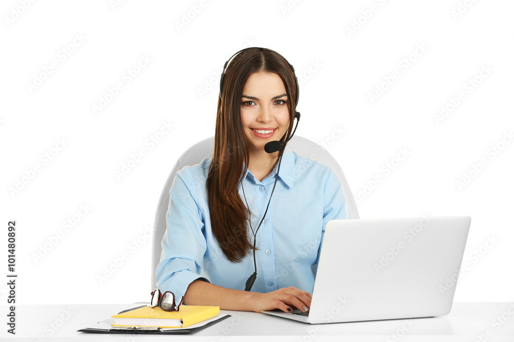 A beautiful woman with headphones and microphone working at the office, isolated on white A beautiful woman with headphones and microphone working at the office, isolated on white