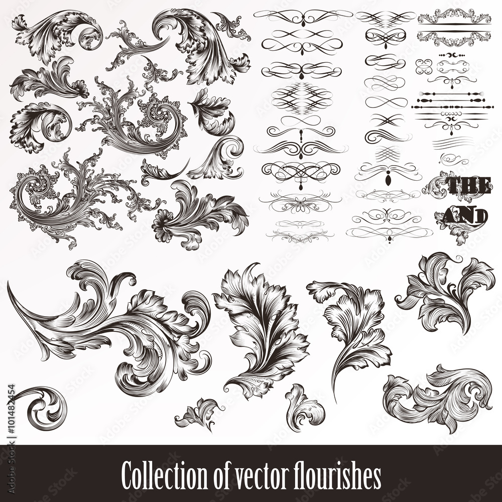 Collection of vector hand drawn flourishes in engraved style. Me Collection of vector hand drawn flourishes in engraved style. Me