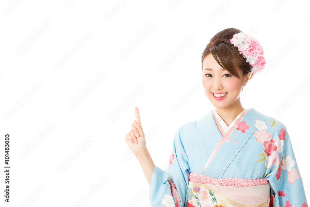 portrait of young asian woman wearing kimono isolated on white background