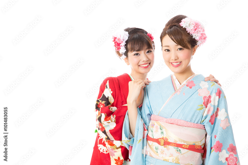 portrait of young asian women wearing kimono isolated on white background