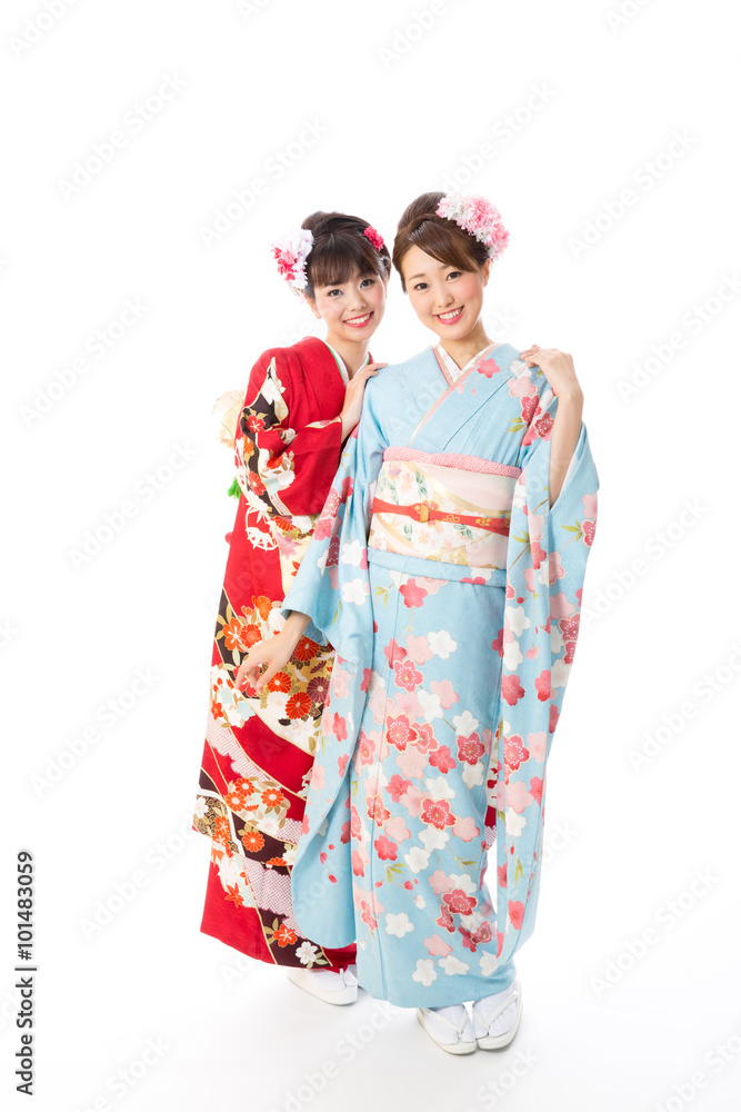 portrait of young asian women wearing kimono isolated on white background