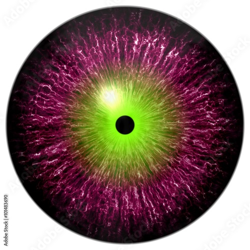 Fototapeta Naklejka Na Ścianę i Meble -  Purple red alien, cat or reptile eye with neon green circle around the pupil