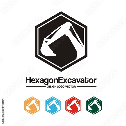 Excavator Logo - Hexagon, Excavator, Black Silhouette Design Logo Vector