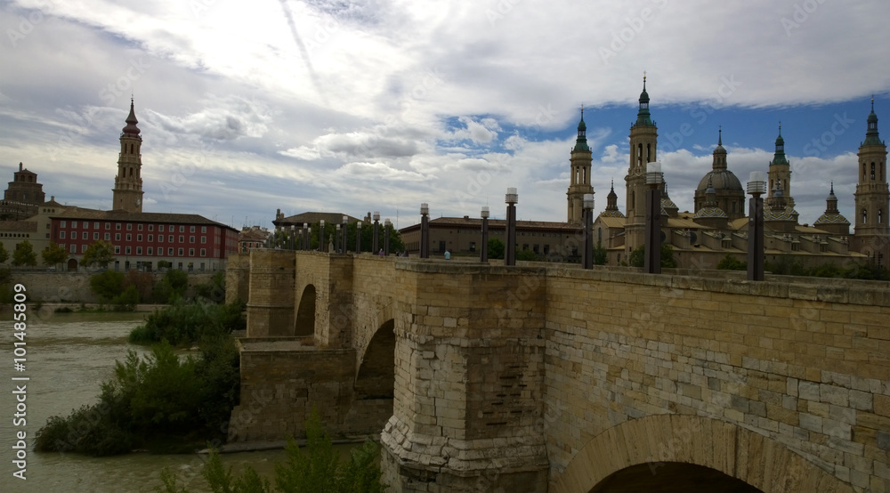 View of the Basilica - Cathedral of Our Lady of Pillar and Ebro River in Zaragoza, Spain