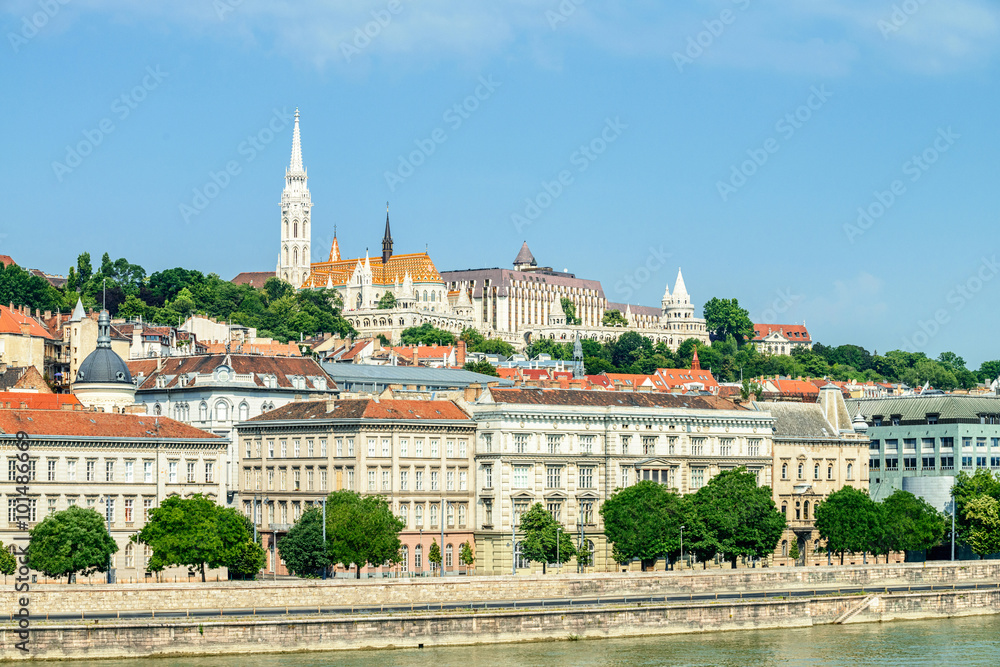 Budapest, view over Pest across the river towards Fishermans Bas