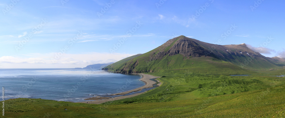 panorama of the  Lisinski bay Bering Island summer day