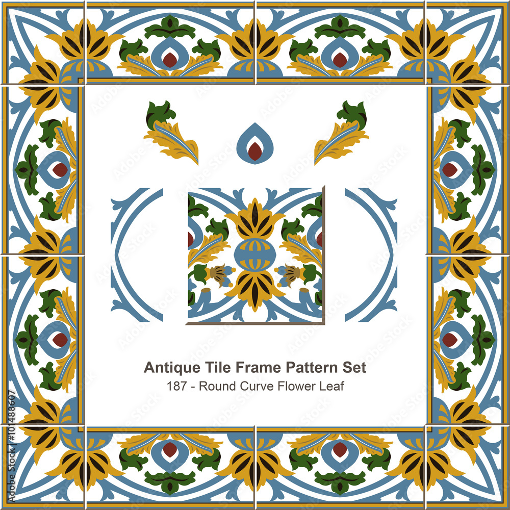 Obraz premium Antique tile frame pattern set_187 Round Curve Flower Leaf 