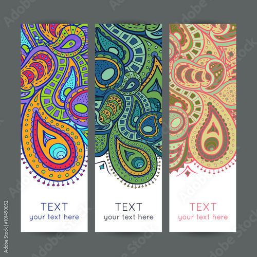 Three vector banner templates with space for text with paisley ornament, perfect for banner design, booklets, leaflets.