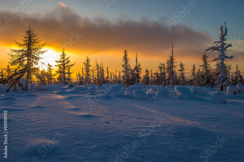 Winter landscape with forest, cliffs, sunset, clouds and sun 