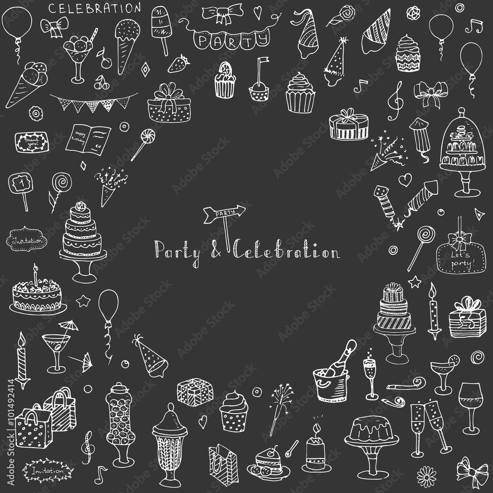 Hand drawn doodle Party and Celebration Concept Vector illustration Sketchy Party icons set Happy Birthday Party elements Carnival festive icons Gifts, Hat, Cake, Bow, Drink, Firework, Sweets, Flags Hand drawn doodle Party and Celebration Concept Vector illustration Sketchy Party icons set Happy Birthday Party elements Carnival festive icons Gifts, Hat, Cake, Bow, Drink, Firework, Sweets, Flags