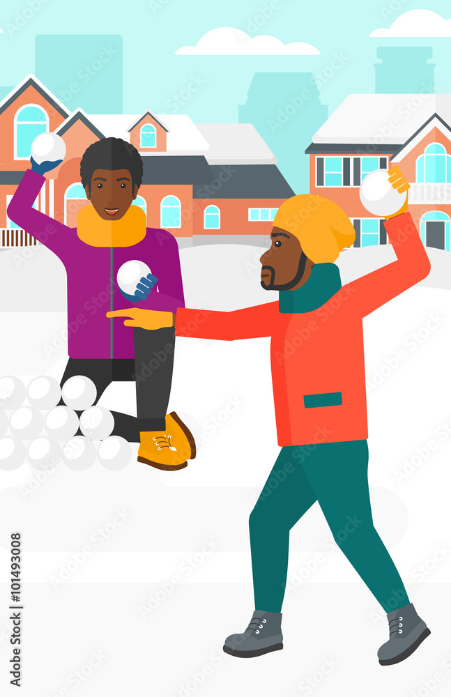 Men playing in snowballs. Men playing in snowballs.