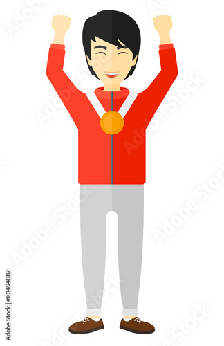 Athlete with medal and hands raised.