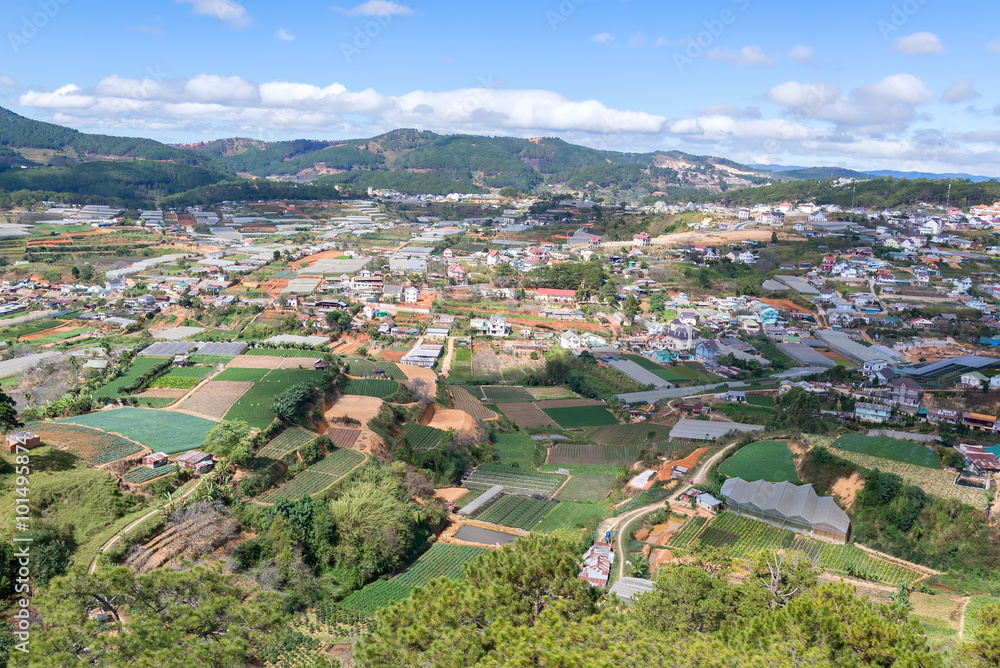 Colorful Dalat city from high view in early morning view from ca