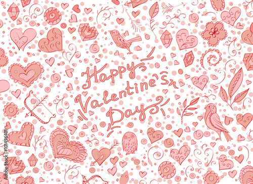 Vector background with hand drawn objects and lettering for Valentine's Day.