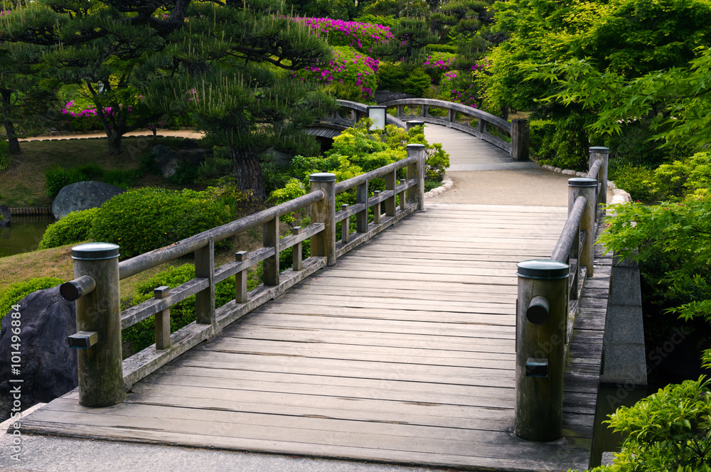 Wooden bridge in traditional Japanese garden,osaka
