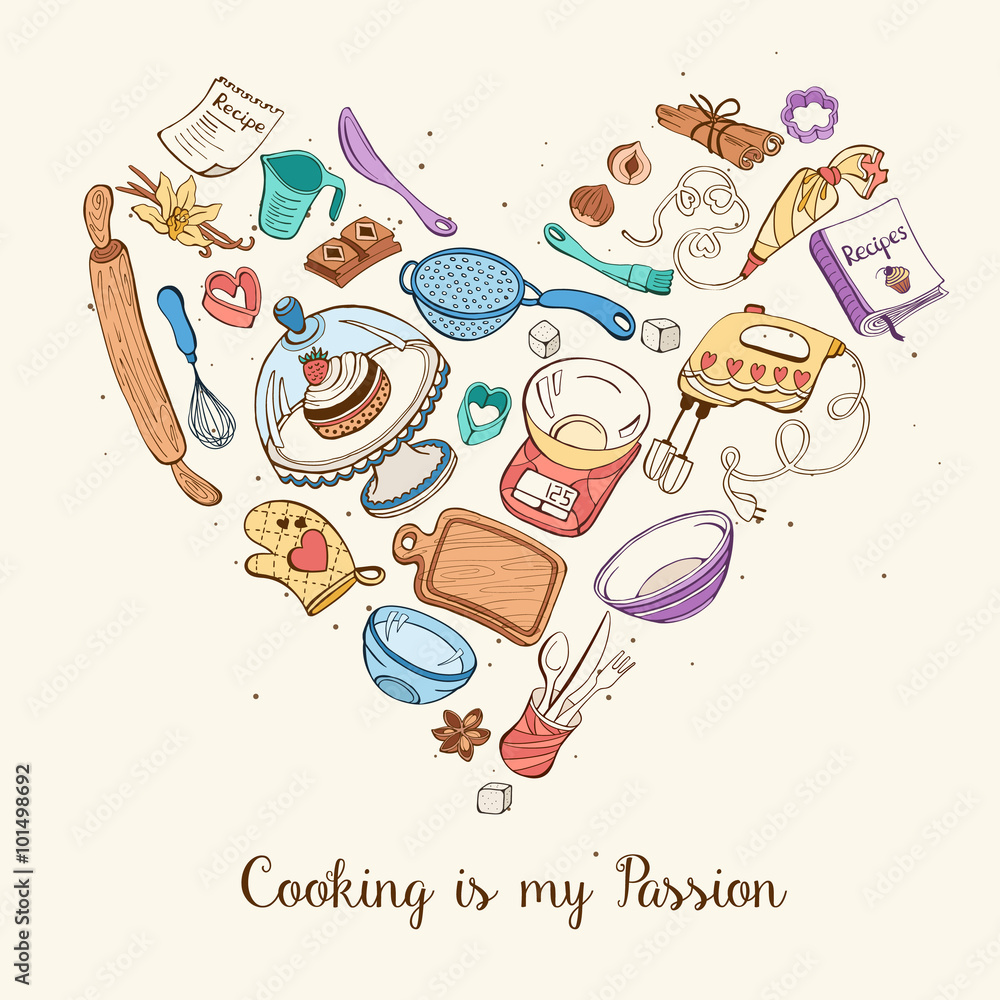 Cooking is my passion. Baking tools in heart shape. Recipe book ...