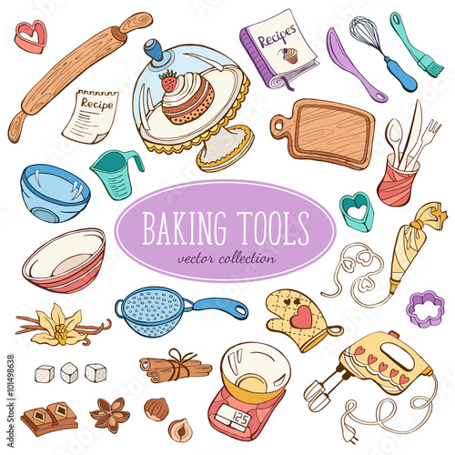 Baking items collection in doodle style. Hand drawn kitchen tools set in pastel colors.