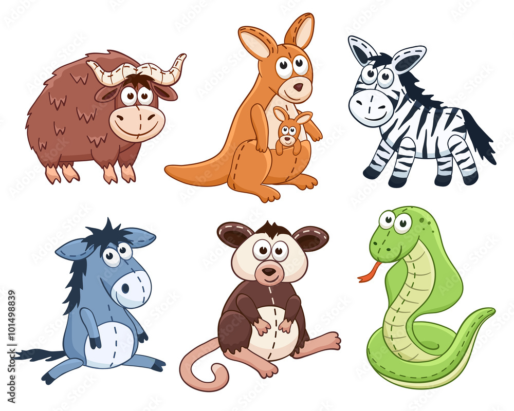 Cute cartoon animals isolated on white background. Stuffed toys set. Vector  illustration of adorable plush baby animals. Yak, kangaroo, zebra, donkey,  opossum, snake. Stock Vector | Adobe Stock