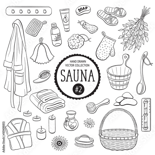 Sauna accessories sketch. Hand drawn spa items collection. Doodle sauna objects isolated on white background.