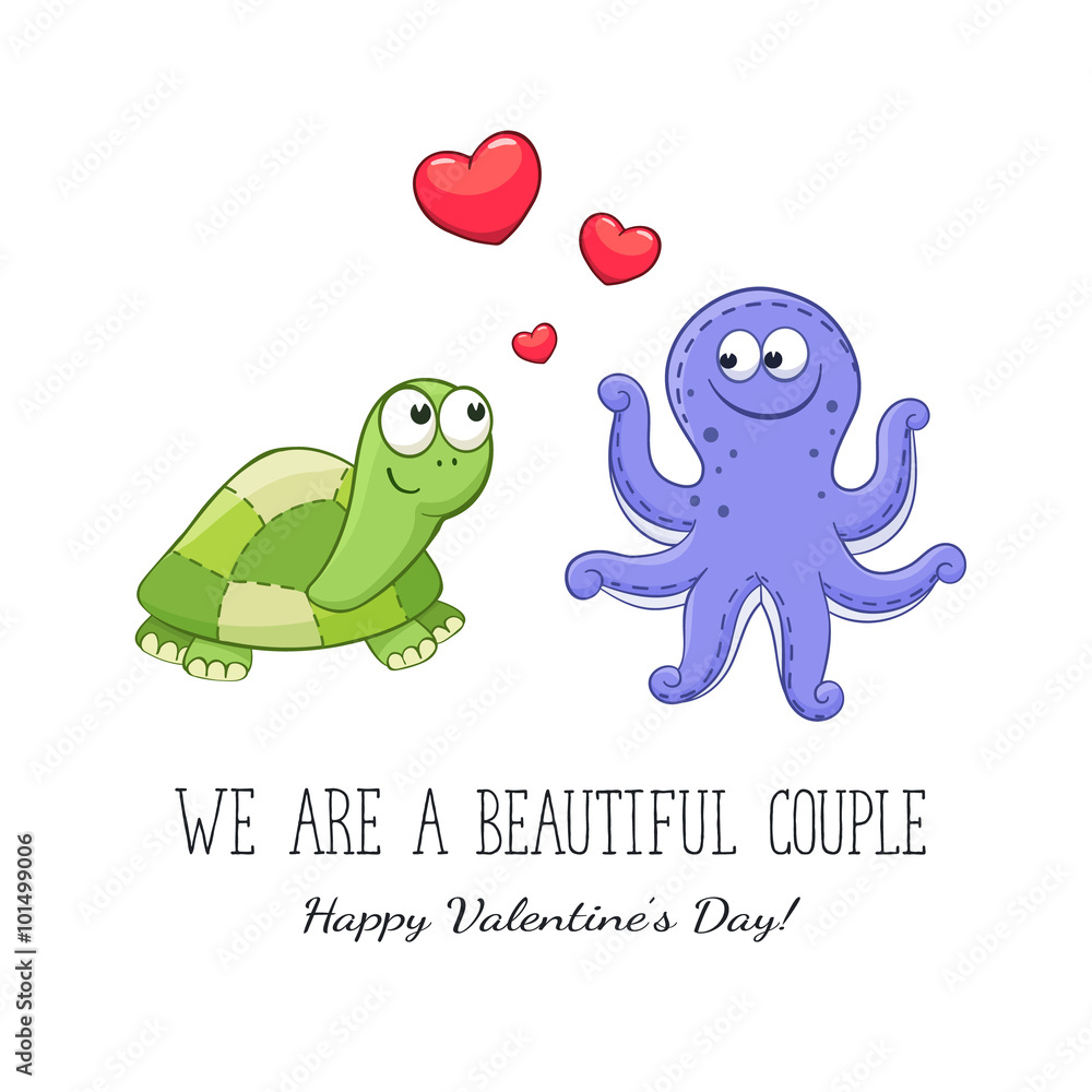 Cartoon animals with hearts. Valentine's day. Funny greeting card. We are  different but i still love you. Turtle and octopus in love. Stock Vector |  Adobe Stock