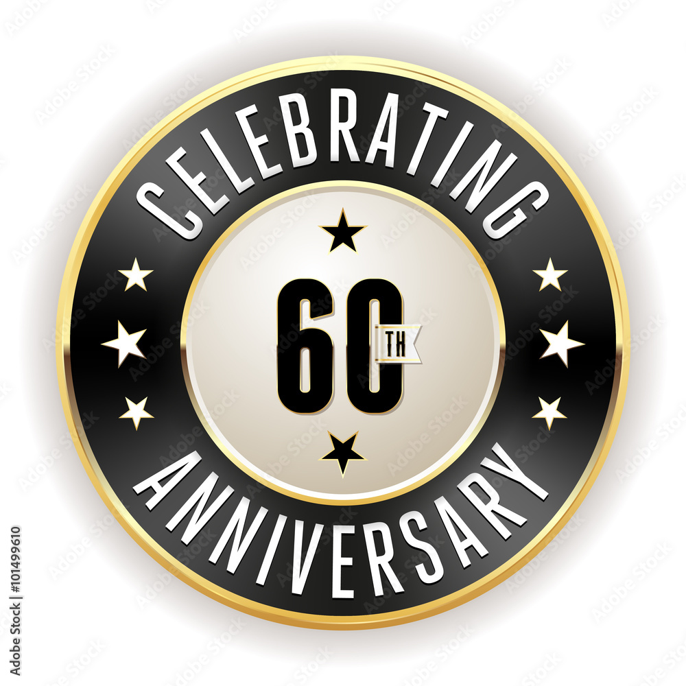 Black 60th anniversary badge with gold border on white background