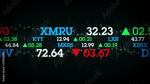 The stock values of fictional companies scroll by on stock tickers. This clip is available in multiple color options and loops seamlessly.