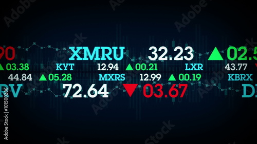 The stock values of fictional companies scroll by on stock tickers. This clip is available in multiple color options and loops seamlessly.