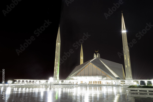 Faisal Mosque in Islamabad at night. 