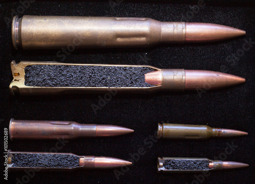 Photography cartridges. bullet. whole and in cross section.