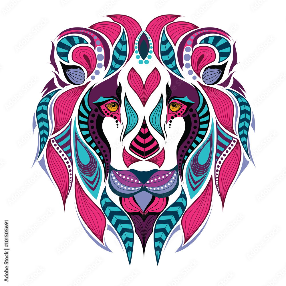 Obraz premium Patterned colored head of the lion. African / indian / totem / tattoo design. It may be used for design of a t-shirt, bag, postcard and poster.