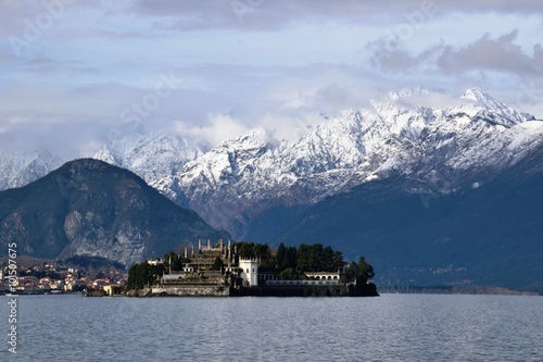 Snowy peaks behind the Isola Bella on Lake Maggiore, Italy