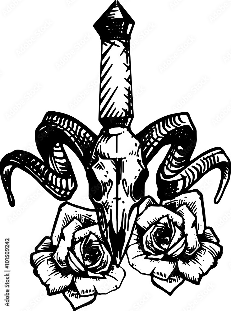 Эскиз татуировки, череп животного, рога, розы Векторный объект Stock |  Adobe Stock
