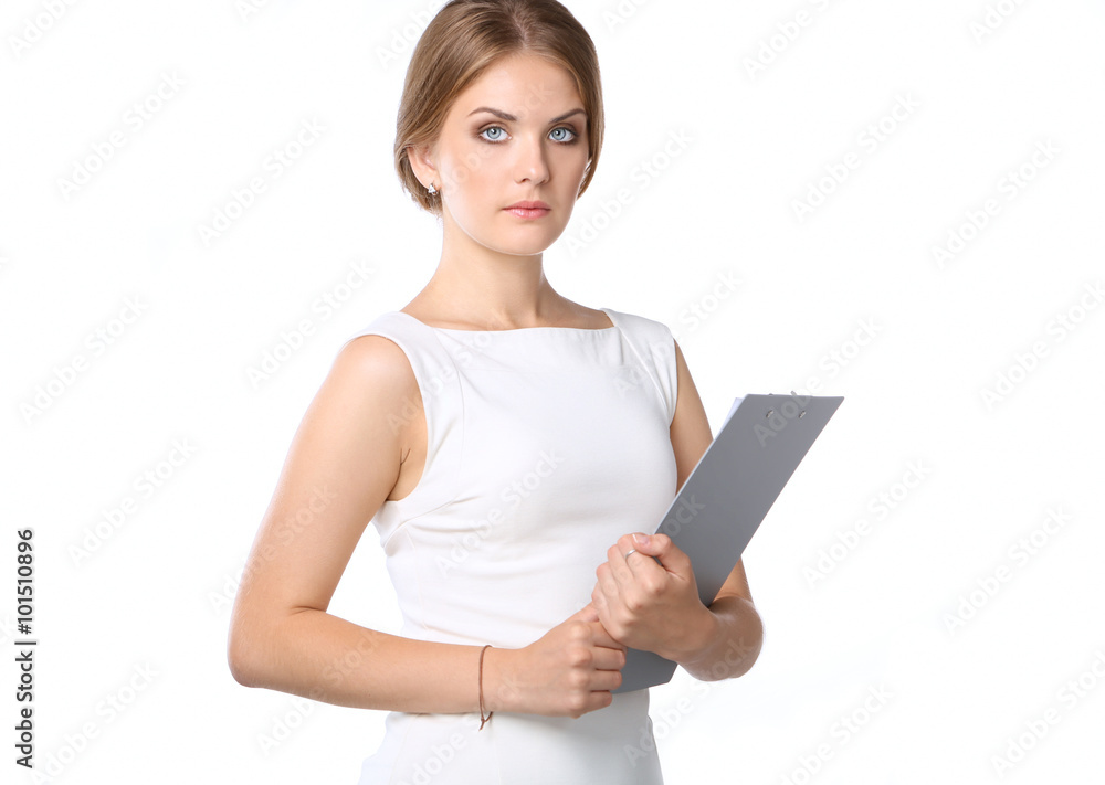 Portrait of a business woman holding folder , Isolated on white background Portrait of a business woman holding folder , Isolated on white background